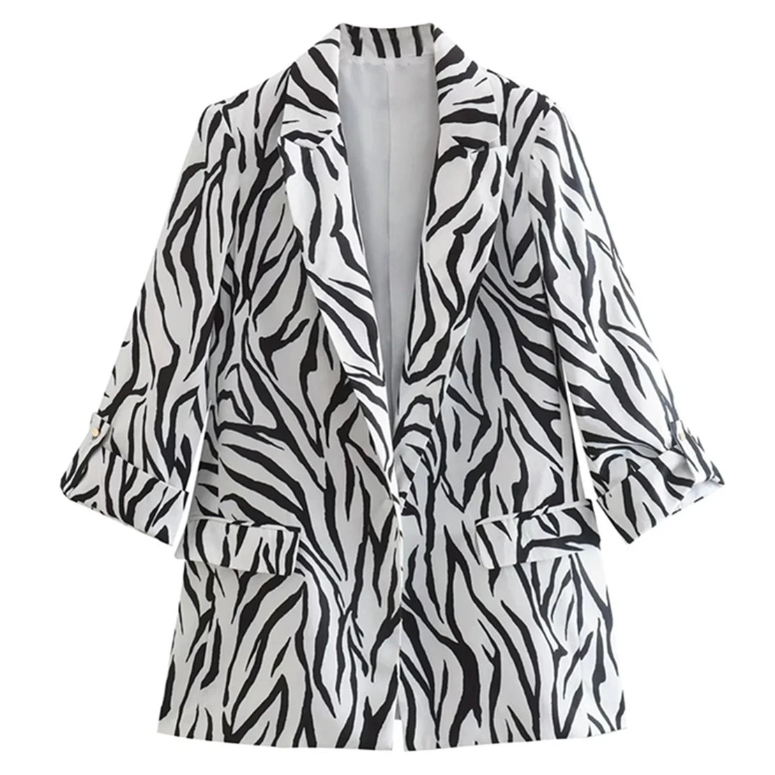 Dave&Di  Vintage Zebra Print Roll Up Sleeve Casual Blazers Women England Style Fashion  Jacket