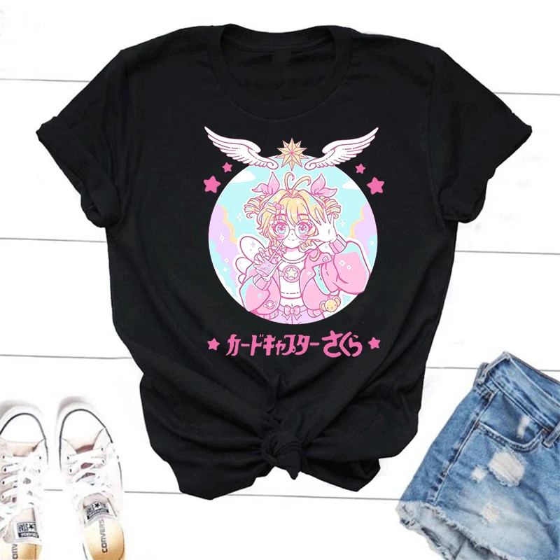 

Карточка Captor Sakura Kawaii T Shits Женская Леди Забавный мультяшный Syaoran Kero печать японская футболка хлопок O Шея футболка уличная одежда