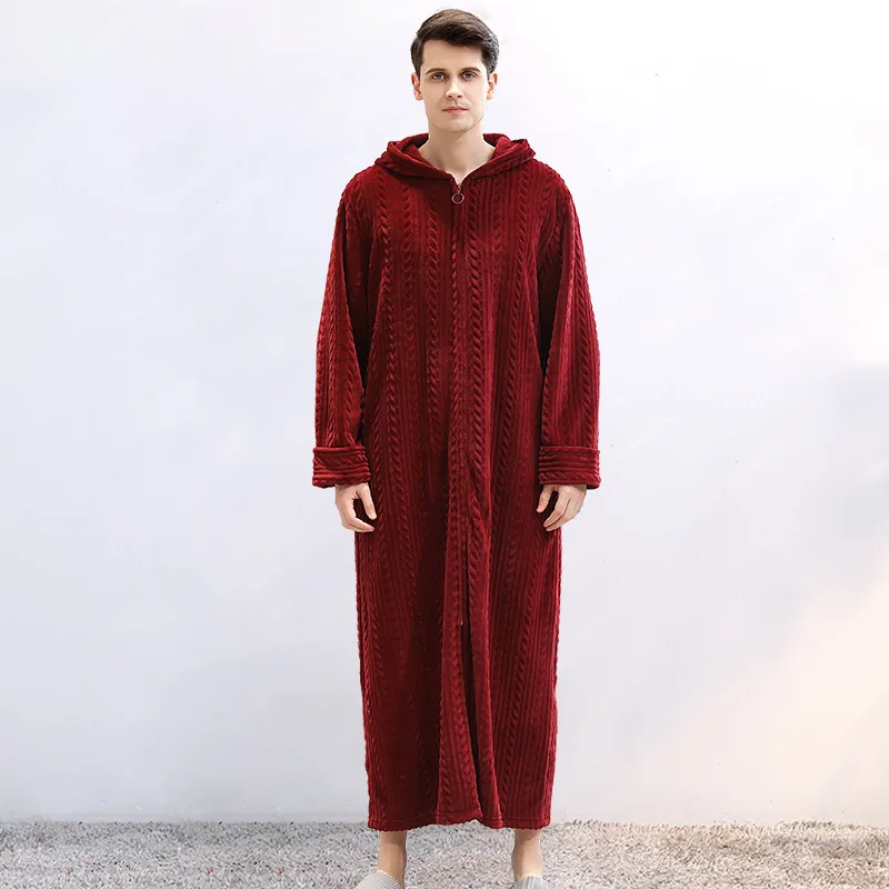 Couple Zip Soft Solid Color Dropshipping Men Coral Fleece Pockets Long Bath Robe Home Gown Sleepwear