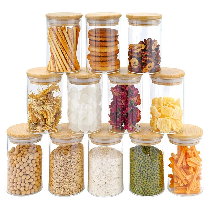 Juego de tarros de vidrio de 12 piezas (300Ml), tarros de especias transparentes con tapas de bambú, tarros de almacenamiento de alimentos para organizador de encimera de cocina