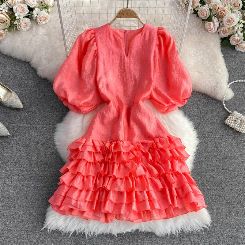 

Celebrity Lady Black White Mini Dress New Fashion Puff Sleeve Ruffles Birthday Party Dress French Princess Small Girl Cake Dress