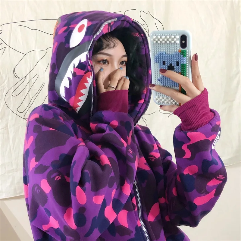 Funny Shark Hoodies Women Men Harajuku Camouflage Zipper Sweatshirts Unisex Jacket Hip-Hop Coat Hoodie