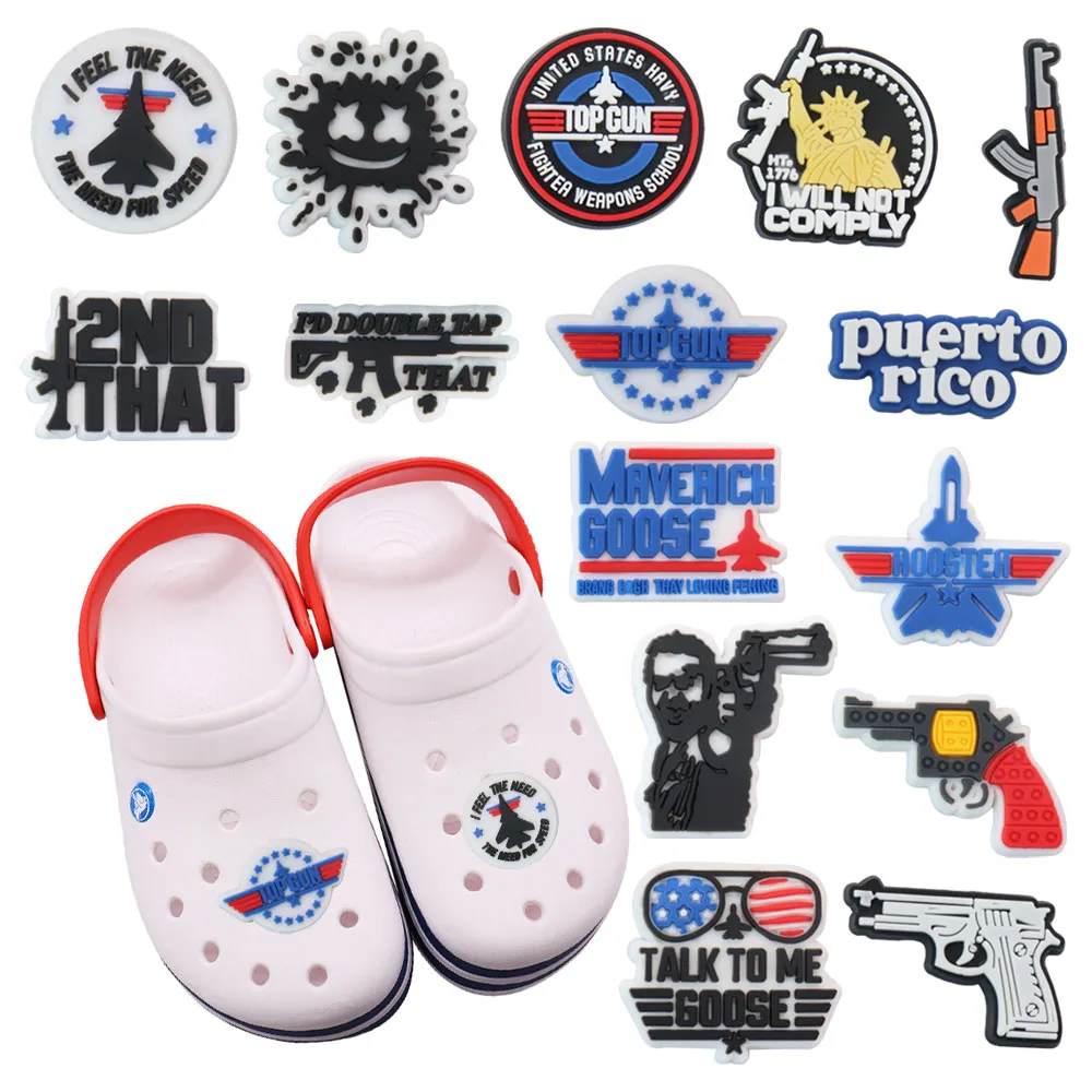 

Single Sale 1-15pcs PVC Shoe Charms Toy Gun Model Puerto Rico Accessories Shoe Buckles Fit Croc Jibz Kids Party Present