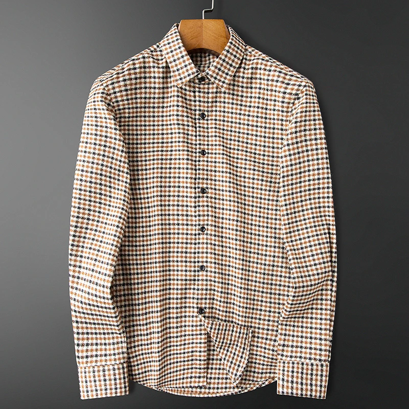 Light Luxury-grade Non-iron Anti-wrinkle Houndstooth Business Shirt Autumn Winter Men's Long-sleeve Korean Style Slim Shirts