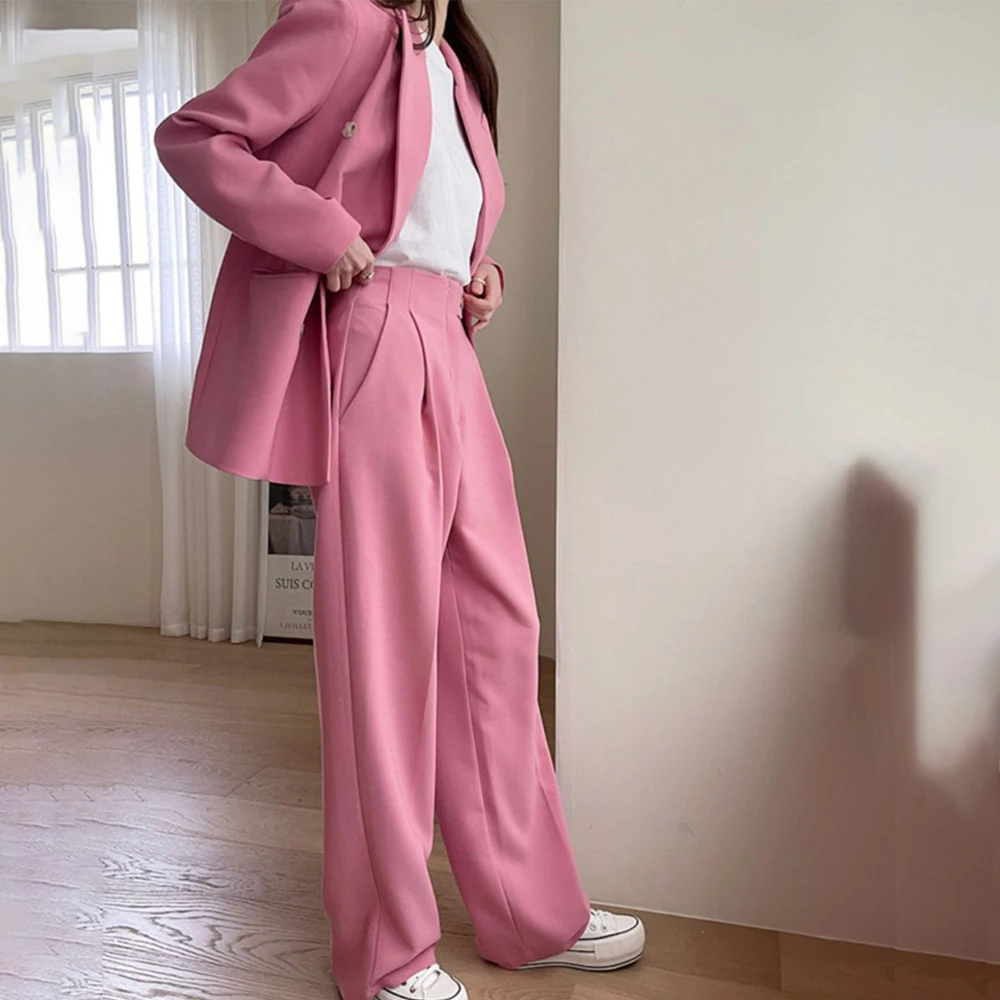 Korean Fashion Spring Autumn Women Pants Set Pink Loose Blazer Office Duble Breasted Suit Jackets Casual Pantsuit Female 2 Piece