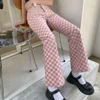 womens spring summer lovely pink plaid pants casual high waist micro flare long pants lady harajuku slim checkerboard trousers
