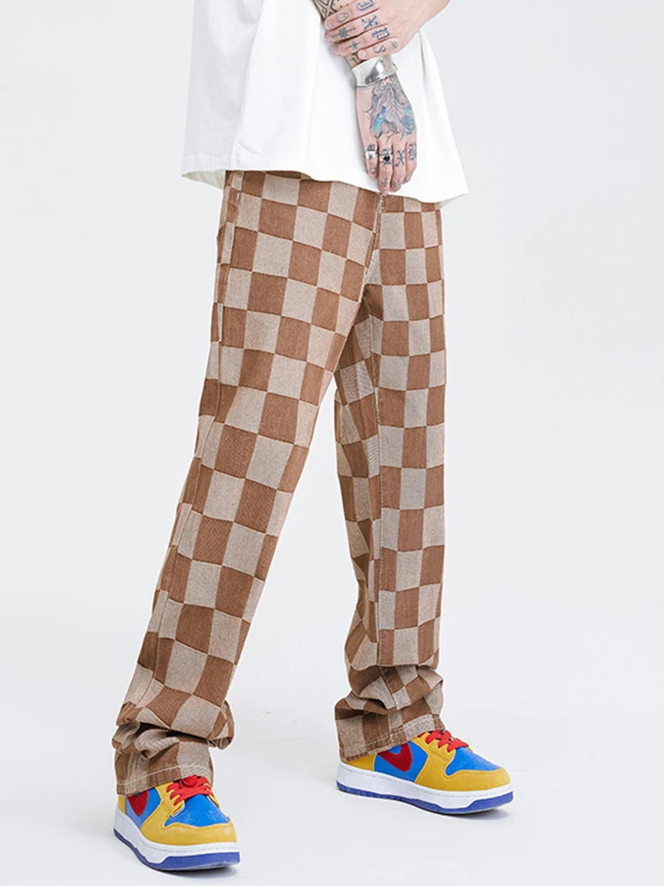 Fashion Men's Jeans Checkerboard Print Pants Korean Trend Loose Straight Street Casual Wide Leg Pants Ins Hot Sale Men's Pants