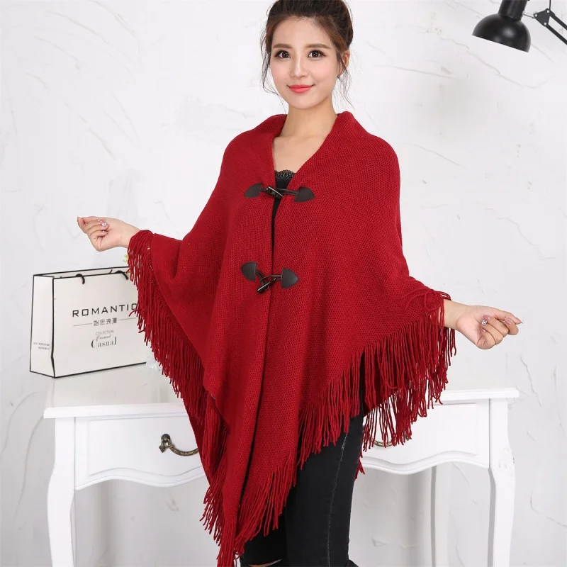 

Autumn and Winter New Shawl Cape Tassel Horn Button Solid Color Irregular Double-Layered Tassel Cape and Shawl Warm Thickened