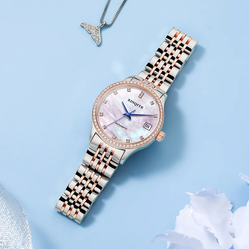 Original Brand Automatic Mechanical Woman Watch Stainless Steel Rose Gold Two Tone Female Clock Pearl Dial Diamend Lady Watch