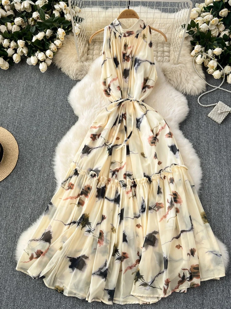 Платье женское шифоновое ТРАПЕЦИЕВИДНОЕ с цветочным принтом без рукавов