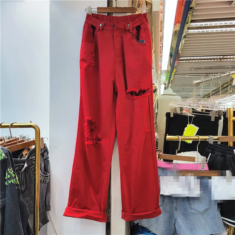 

SuperAen 2022 European New High Waist Multi Button Big Holes Fashion Women's Fashion Wide Leg Straight Jeans