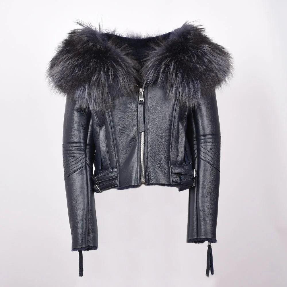 Real Leather Coat Women's Real Fur Lined Coat Raccoon Fur Collar Double Face Biker Jacket New Arrival S7009 enlarge