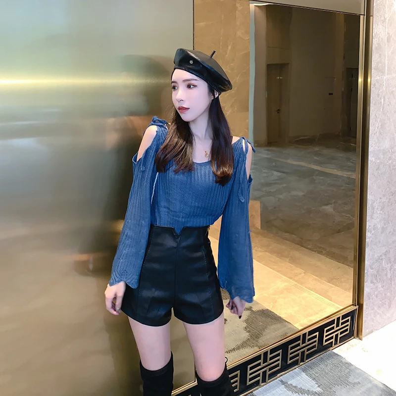 Heard Future Pants Clothing 2023 spring new Korean version of PU leather shorts A word outer wear women's soft leather pants hig