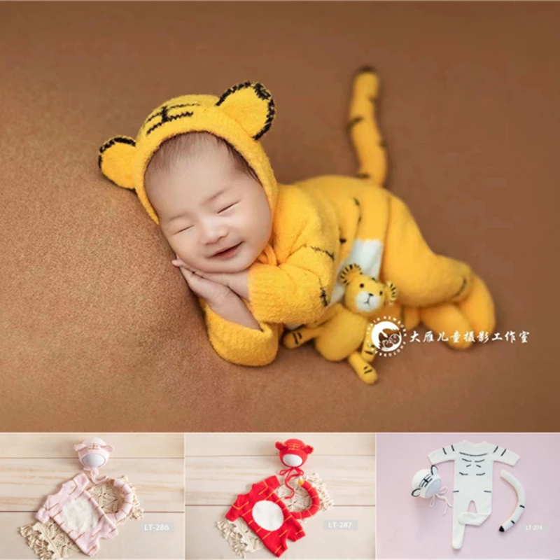 Dvotinst Newborn Baby Photography Props Knit Tiger Bonnet Hat Outfit Doll 2022 Fotografia Accessories Studio Shoot Photo Props
