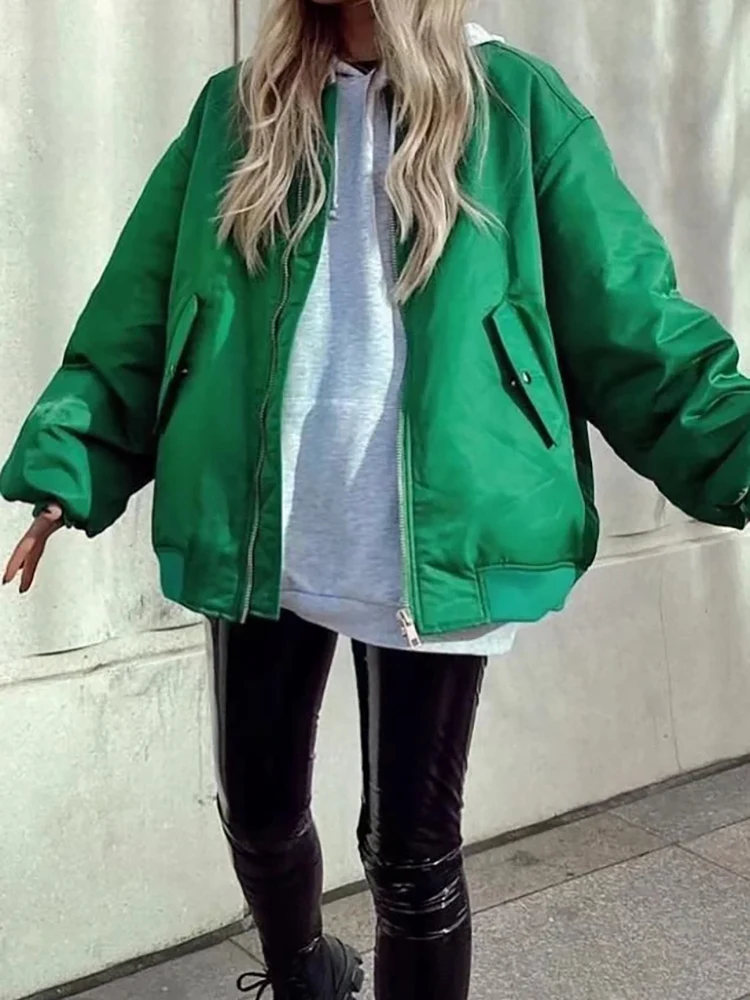 Evfer Spring Autumn Womens Casual Green Long Jackets Chic Lady Fashion Solid Outwear Ladies Zipper Fly Casual Bomber Coats