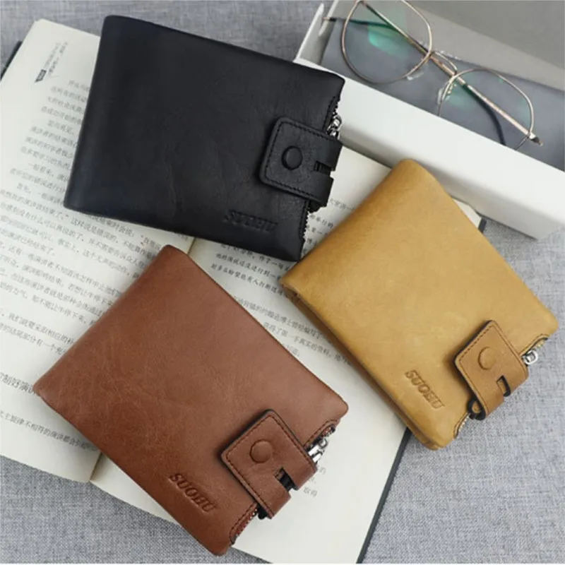 

New Genuine Leather Men's Short Wallet Top Layer Cowhide Snap Clip Wallet Women's Zero Wallet