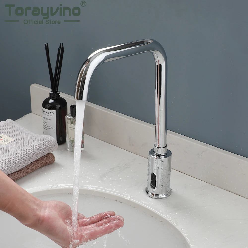 

Torayvino Chrome Polished Bathroom Sensor Faucet Automatic Hands Free Sensor Mixer Water Tap Deck Mounted Basin Sink Faucets