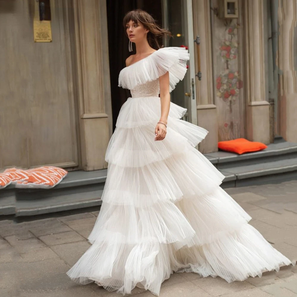 

One Shoulder Ruffles Prom Party Dresses 2023 Sexy Puffy Tiered Tulle A-Line Backless Floor Length Formal Evening Gowns