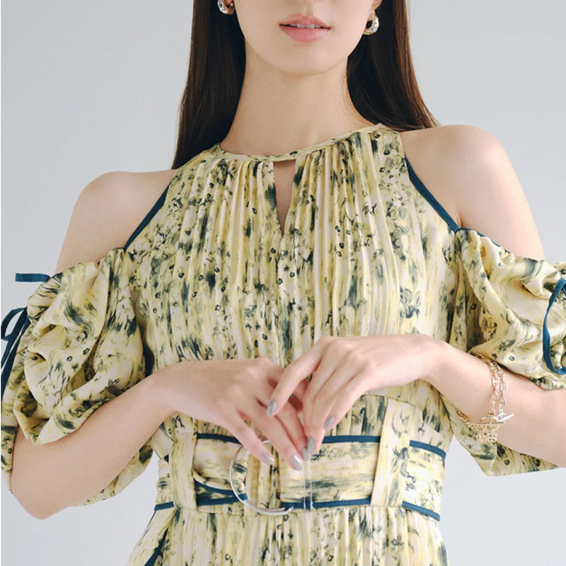 

Japanese New Style Two Wear Women Vestidos 2022 Spring Robes Off Shoulder Drawstring Slim Waist Print Pleated Dress