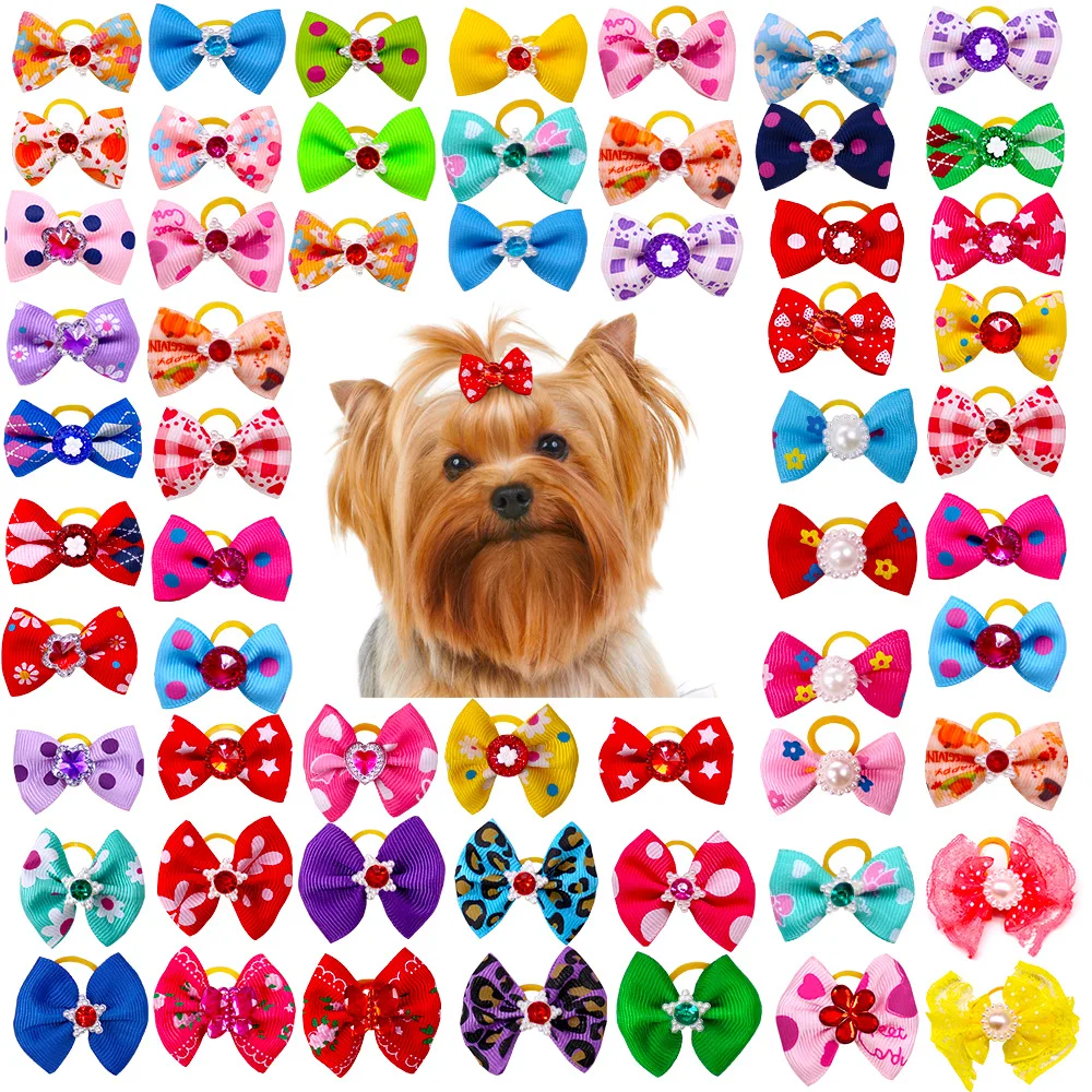 

10pcs Dog Grooming Bows Cat Hair Bowknot Handmade Pet Hair Bows Rubber Bands with Diamond Grooming Accessories Pet Supplier