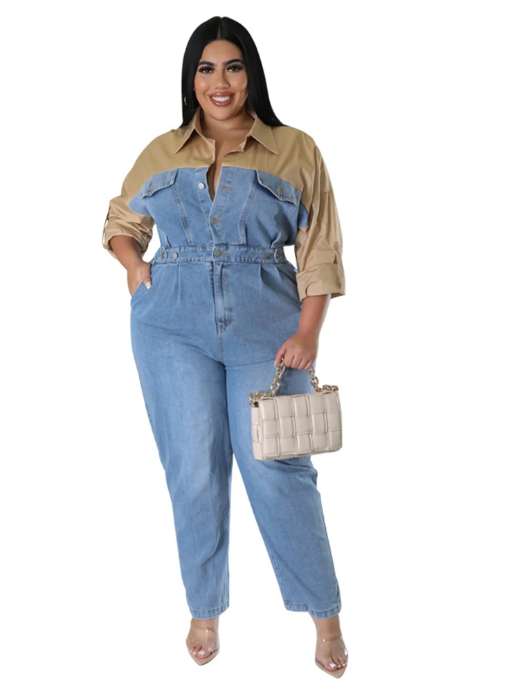 

Plus Size Denim Jumpsuit Women Clothes High Waist Playsuit Autumn New Fashion Patchwork Office Lady Oversize Jumpsuits Overalls