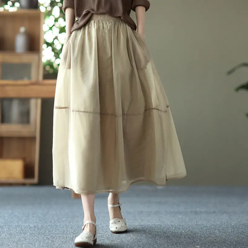

2022 New Style Vintage Elastic High Waist A-line Patchwork Female Skirts Elegant Fashion All-match Midi Faldas H16