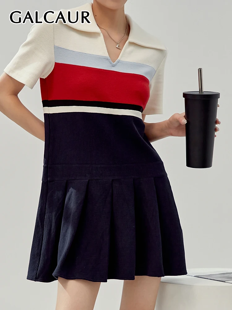 

GALCAUR Hit Color Dresses For Women V Neck Short Sleeve High Waist A Line Casual Fashion Pullover Summer Mini Dress Female New