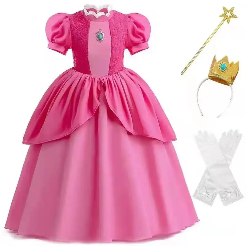 

Children Girl Princess Dress Peach Super Mario Dress Up 2023 Fashion Cosplay Costume Puff Sleeve Kids Party Birthday Clothes