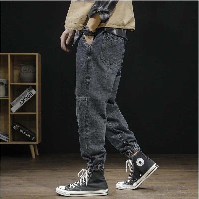 Men Clothing Autumn and Winter Straight Loose Splicing Cylinder Jeans Vintage Comfortable Navy Blue Large Harun Trousers Female
