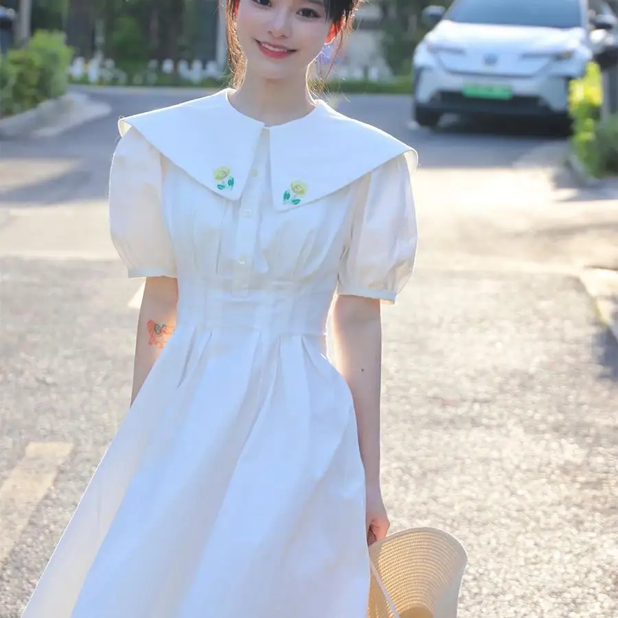 

Tea Break French White Bubble Sleeve Women's Summer 2022 New On The Run Princess First Love Dress Mori Department Super Fa