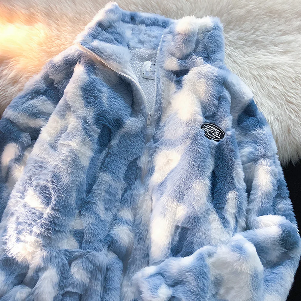 Winter New Warm Cotton-padded Jacket Men and Women Streetwear Trendy Brand Tie-dye Loose Couple Wear Lamb Velvet Jacket Women