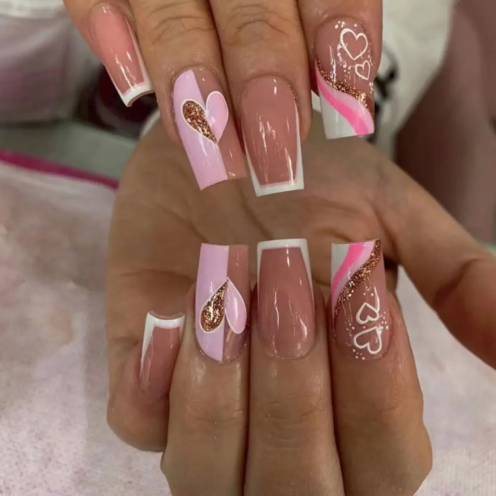 

On Nails Detachable False Nails French Coffin Full Cover Love Heart Fake Nails Snowflake Long Ballerina Pink Cloud