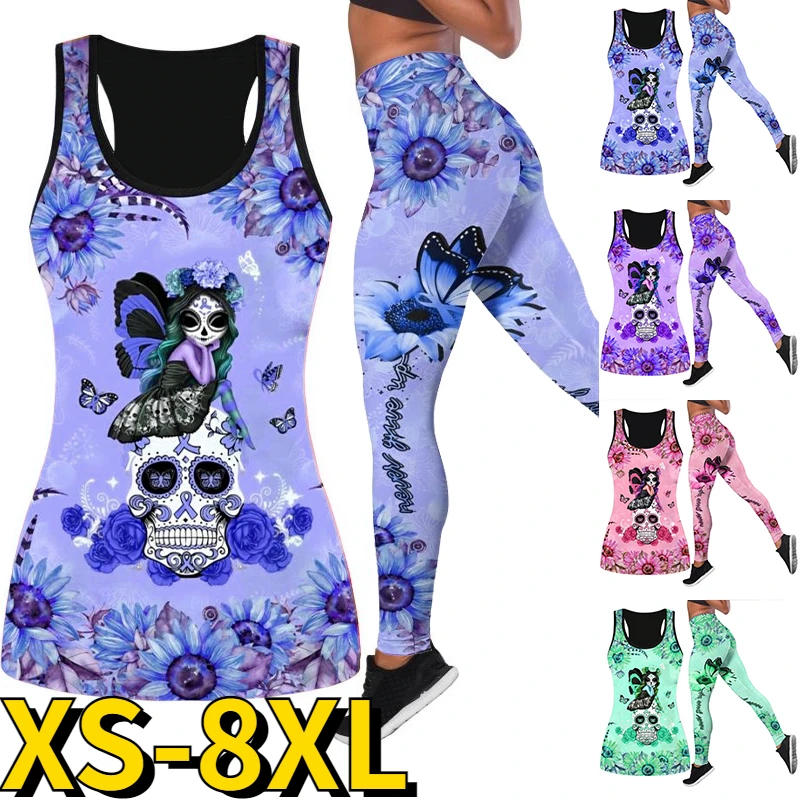 2023 New Retro Sport Tank Top Women 2 Piece Yoga Suit Activewear Set Sleeveless Yoga Pants Skull Printing Tight Yoga Clothes