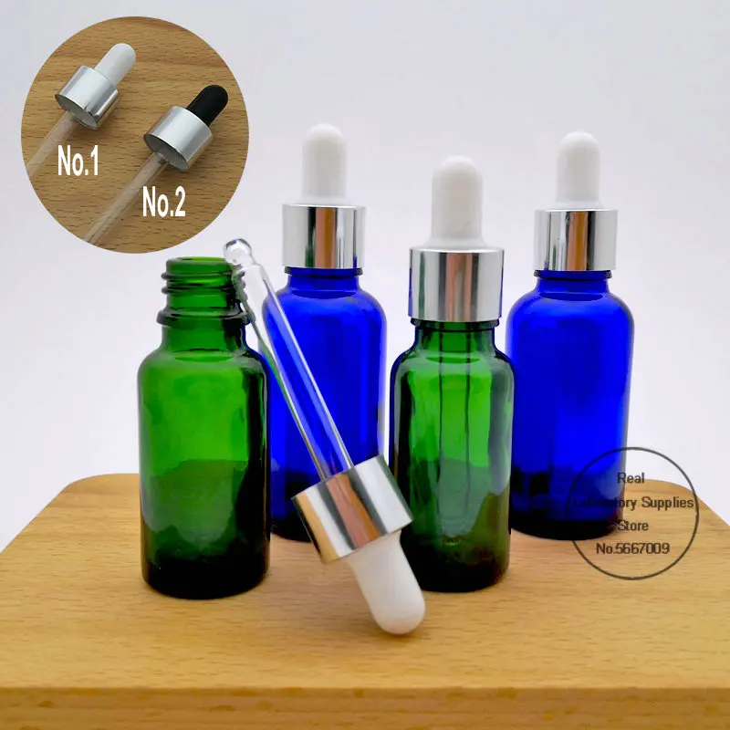 

10pcs/lot 5ml To 100ml Lab Blue Round Glass Refined Oil Bottle with Glass Droppers Silver Circle for Measuring Containers