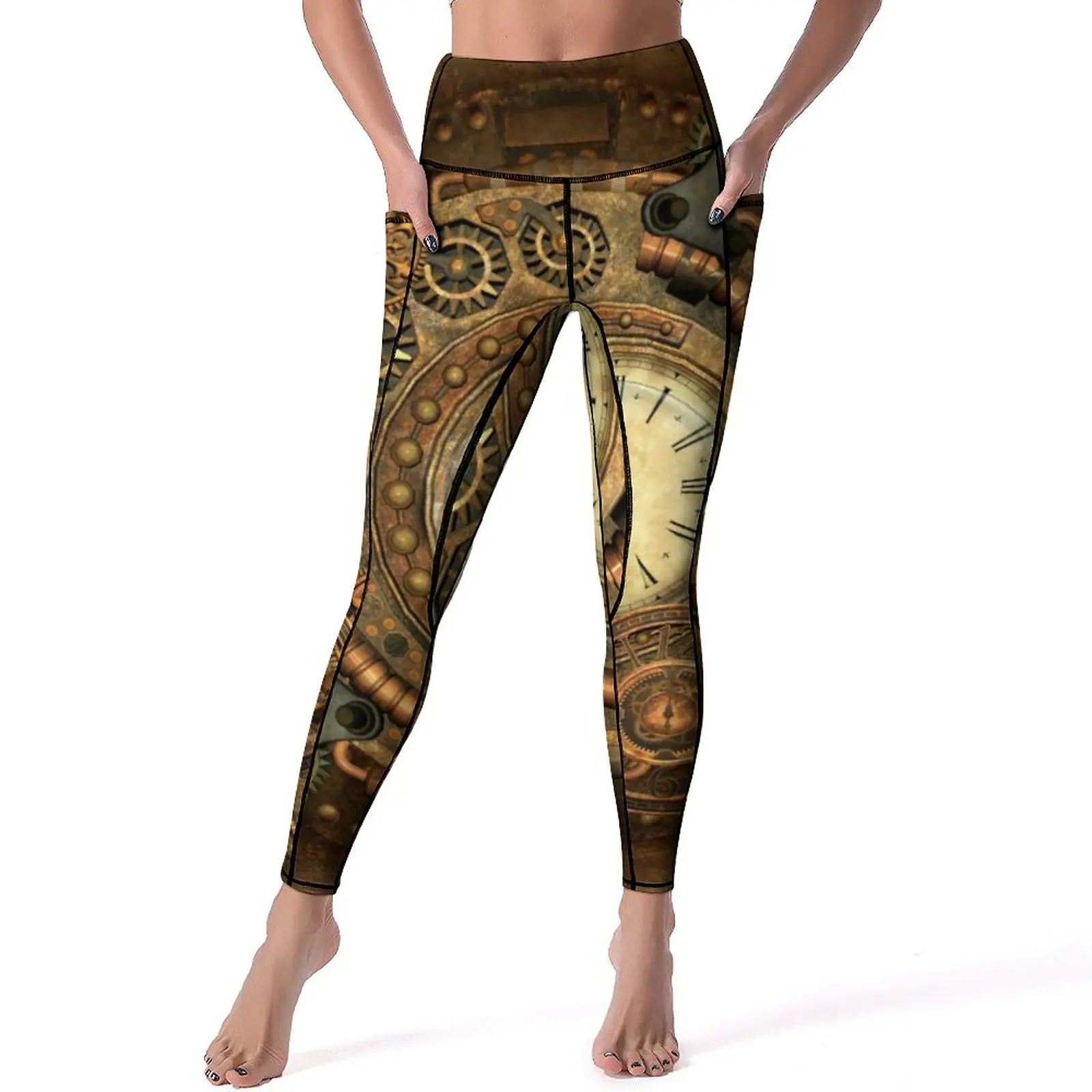 

Steampunk Leggings Pocket Wonderful Clockwork Graphic Yoga Pants High Waist Fitness Gym Yoga Legging Retro Elastic Sports Tights