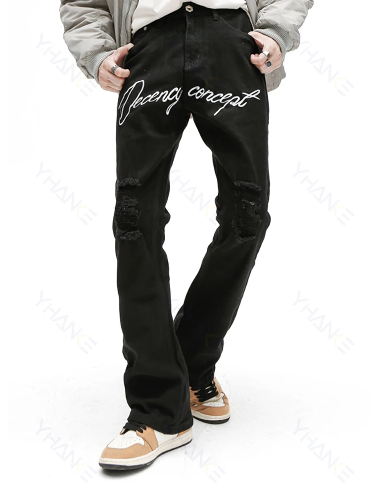 Denim Pants Pure Black Embroidery Loose Punk Men's Fashion Pants Super Street Clothing Y2k Flared Pants Black Trend Hip -hop Man