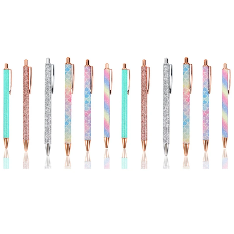 

12 PCS Glitter Ballpoint Pens Rose Gold Click Ballpoint Pen Metal Glitter Pen Retractable Black Ink Medium Point Pens