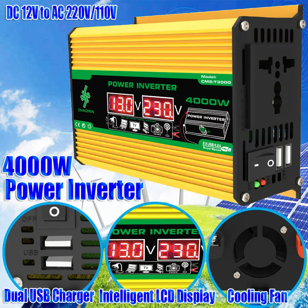 

4000W 12V To 220V/110V Vehicle Smart Inverter LCD Display Sine Inverter Transformer Dual USB Smart Car Power Supply