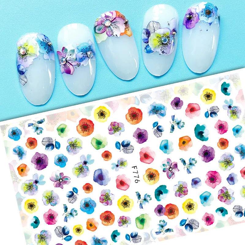 Tie Dye Vintage Flower Nail Sticker Color Flowers Maple Leaf Nail Art Decorative Stickers Nail Slider Pure Love Rose Nail Decals images - 6