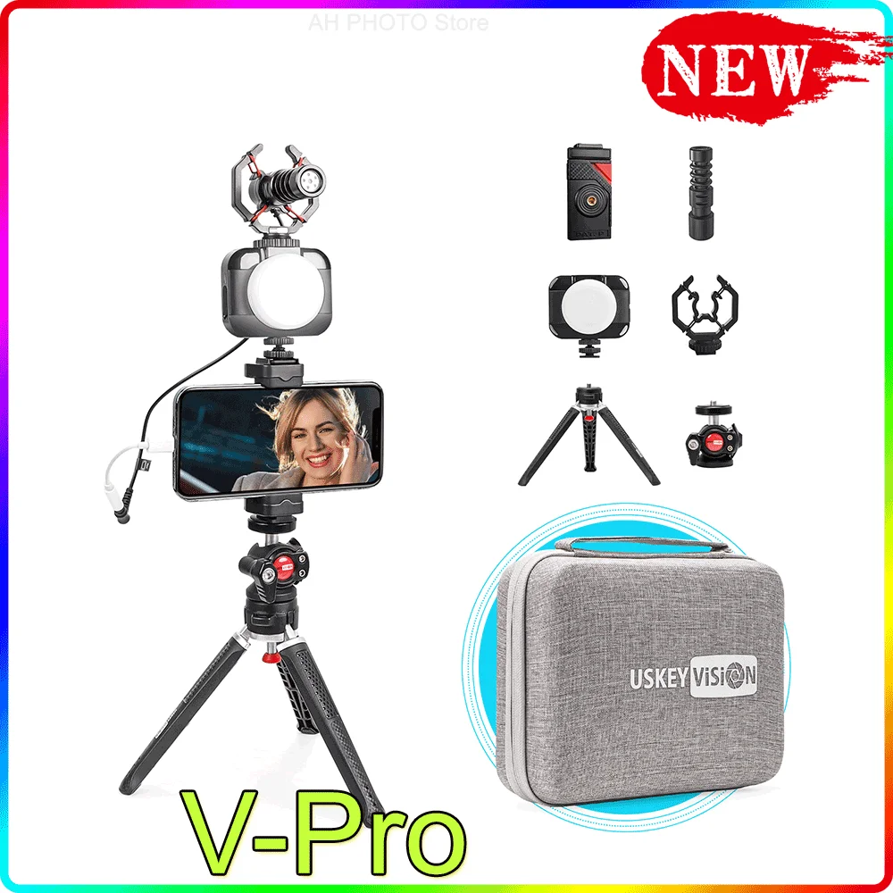 

USKEYVISION Phone Vlog Tripod Photography kit Portable Desktop for IPhone 13 Camera Smartphone Live with Microphone LED Light