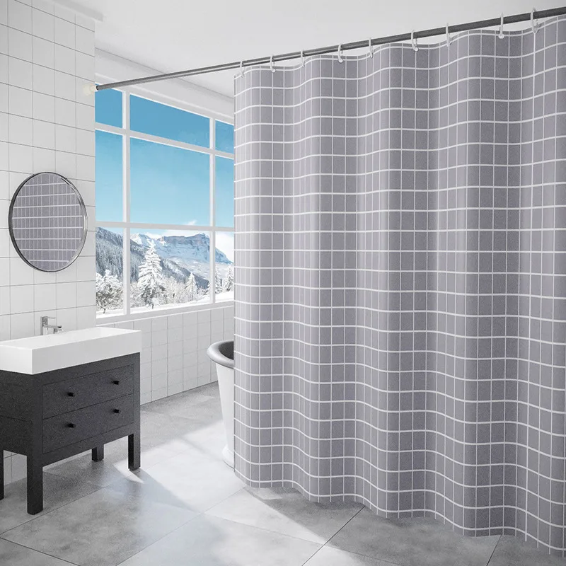 

Geometric Gray Plaid Shower Curtain PEVA Waterproof 180CM Mildew Proof Bathroom Bathtub Partition Bath Curtains With 8/12 Hooks
