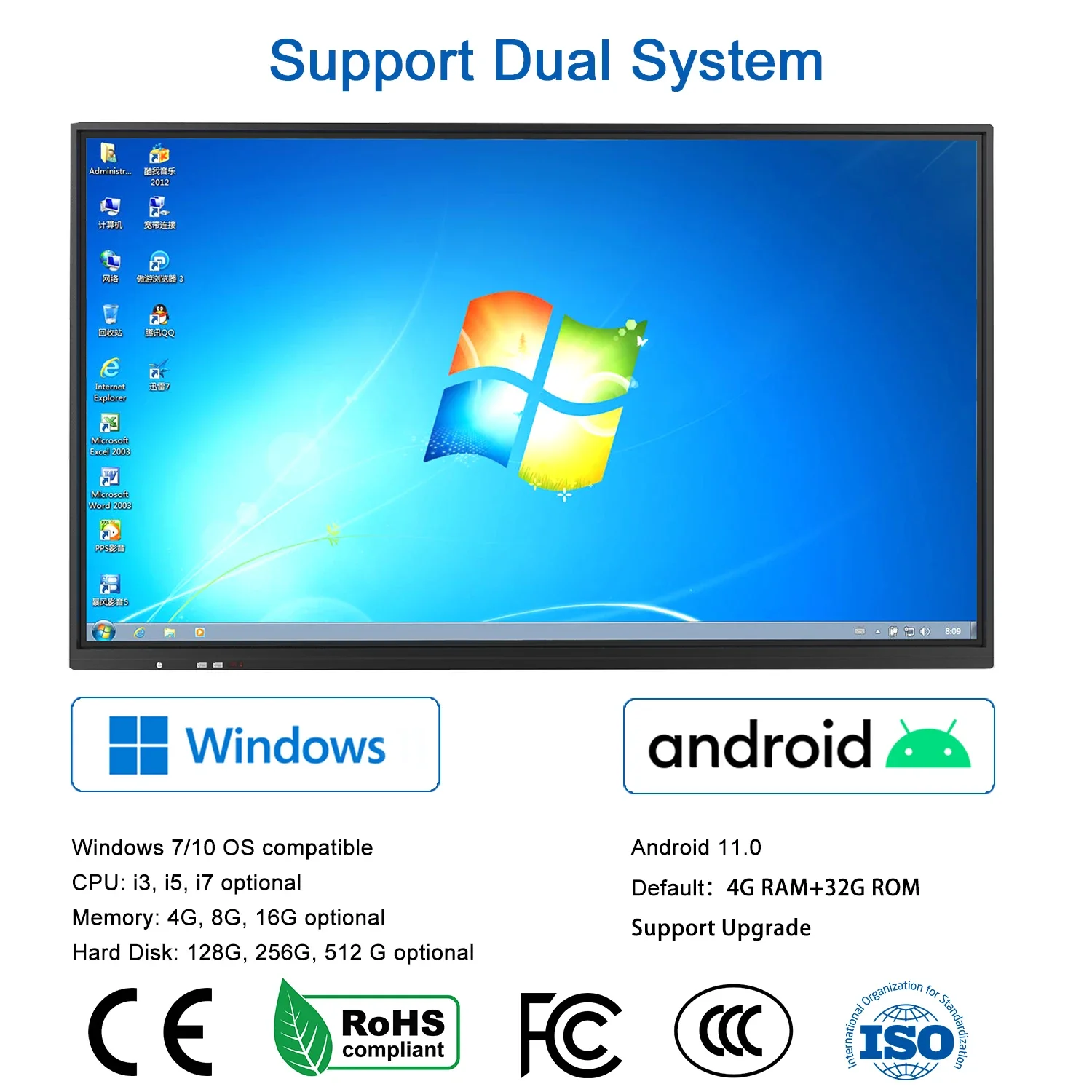 HUAYU 75-дюймовый 4K ЖК-дисплей Android Windows двойная система плоская панель инфракрасный