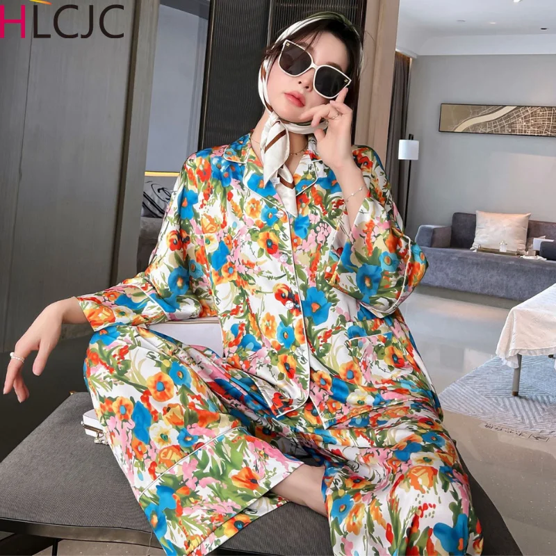 

Женская пижама, длинный кардиган, пижама с рисунком чернил, шелковая атласная пижама, одежда для сна, домашний сервис, пижамные комплекты, но...