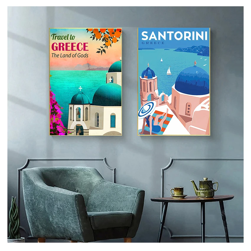 

Santorini Island Canvas Painting Vintage Wall Kraft Posters Coated Wall Stickers Home Decorative Pictures Gift Travel to Greece