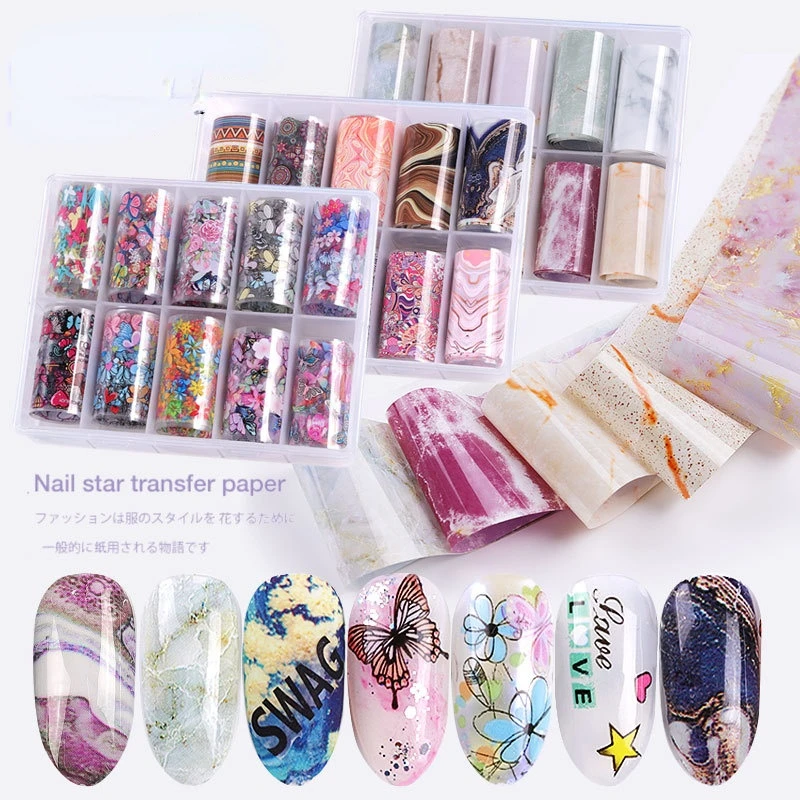 

10 pieces/bag Holographic Nail transfer Set sticker Decal Nail Art Flash sticker Nail Decoration accessories 4X50cm