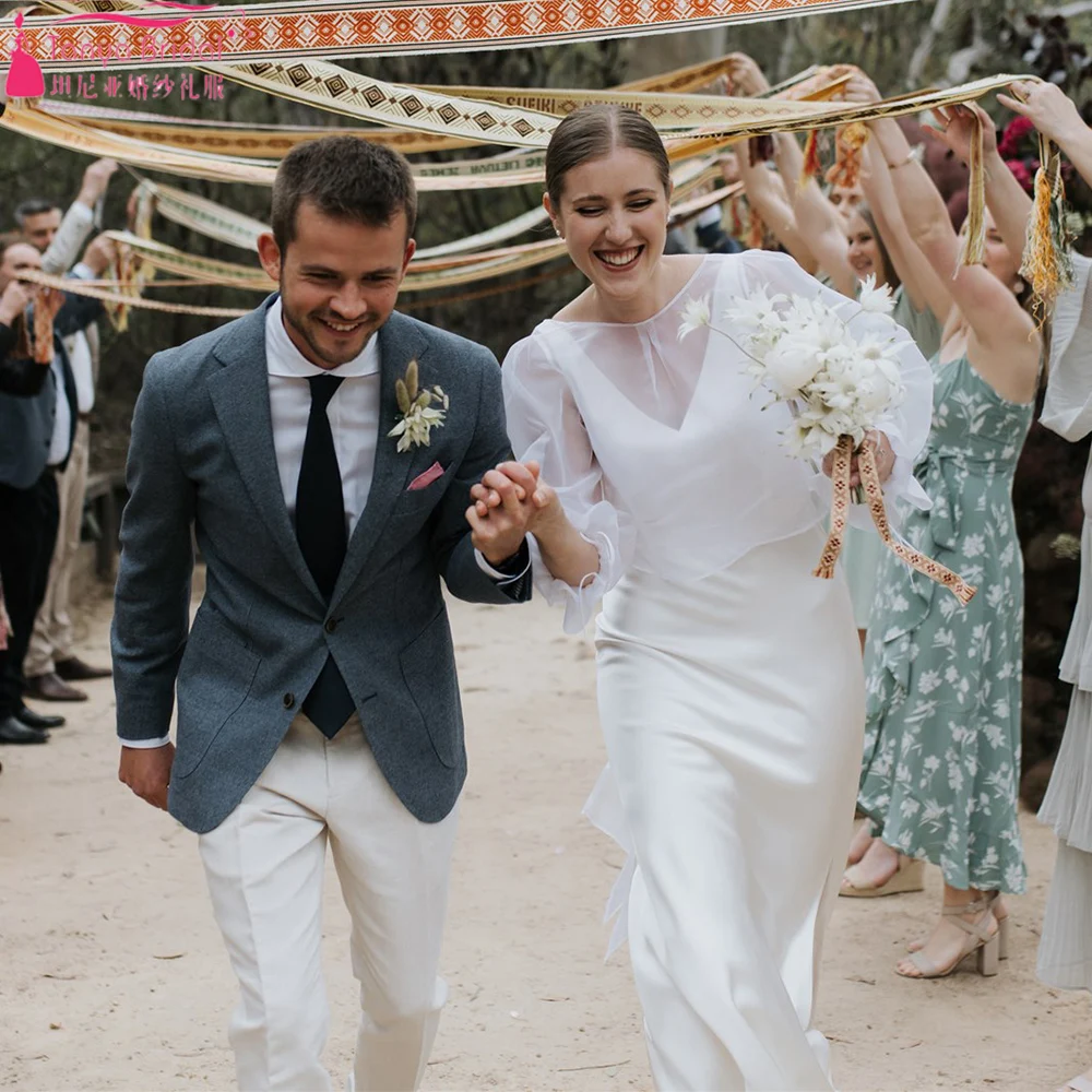 

Шелковые атласные свадебные платья-русалки со съемной курткой, модные простые свадебные платья в стиле бохо, ZW651