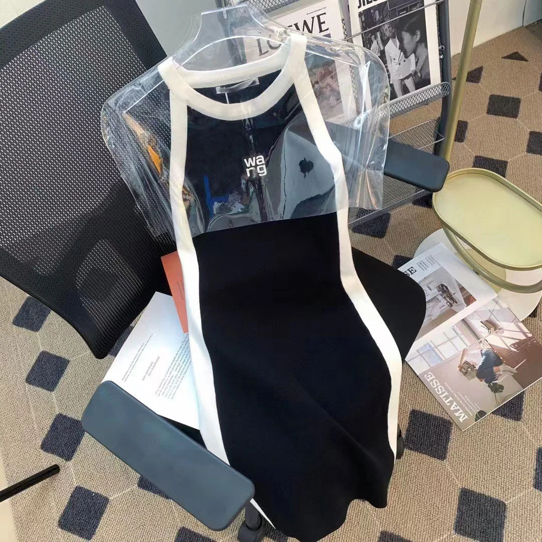 Women's Summer Wang Black and White Stitching Contrast Color Suspender Dress Female Knitted Sleeveless Tank Dress