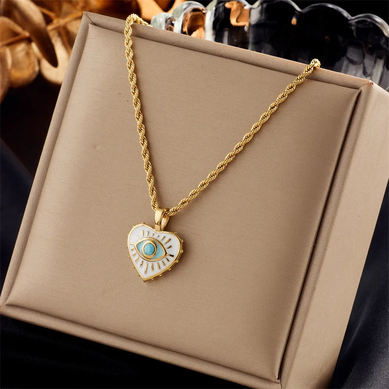 

316L Stainless Steel Heart Enamel Eye Pendant Necklace For Women Vintage Girls Charm Chain Jewelry Party Gifts Collier Wholesale