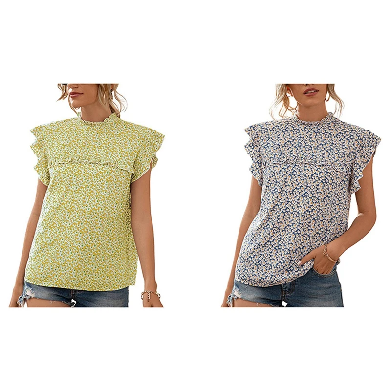

2 Pcs Sweet Women Summer Floral Wide Flying Sleeves Ruffled Round Neck Ladies Casual Top T-Shirt S, Orange & Green