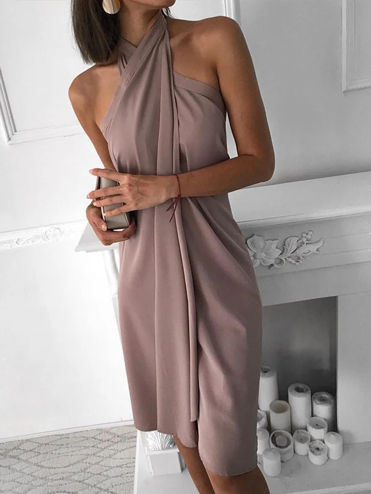 

Women Sexy Cross Halter Dress Summer Off Shoulder Backless Pleated Part Dress 2022 Fashion Sleeveless Loose A-Line Dresses